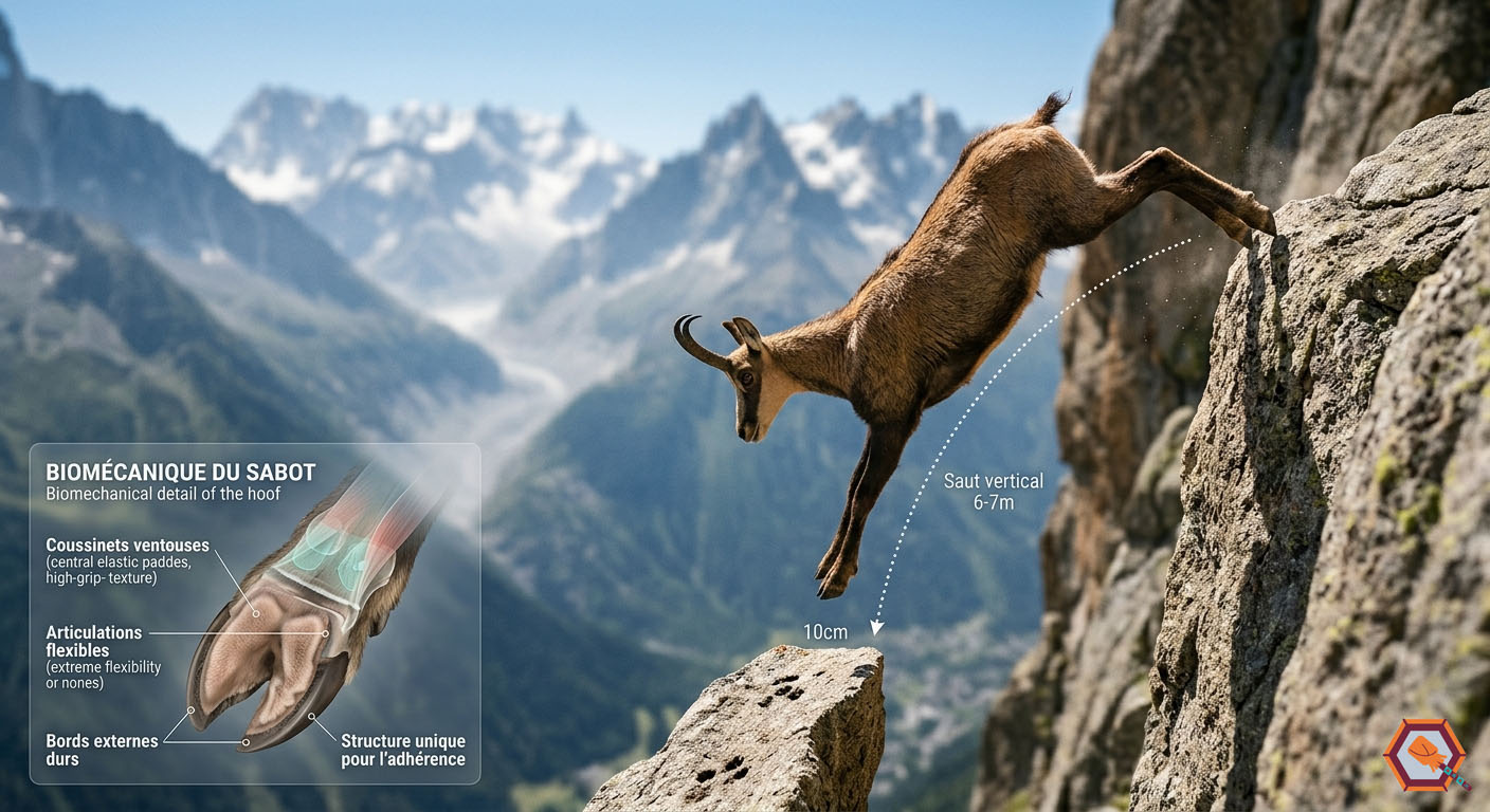 chamois équilibre extrême saut mètres corniche sabots ventouses agilité